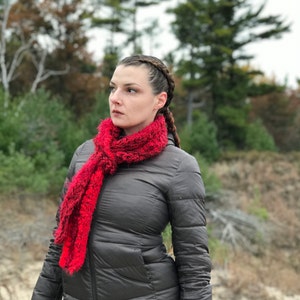Red Fuzzy Scarf Yarn Crochet Handmade Neck Warmer