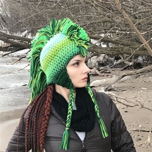 Green Mohawk Earflap Hat Ombre Tones Extreme Long Faux Hair Gradient Color Trapper Unisex Handmade Christmas Gift Statement Adult image 3