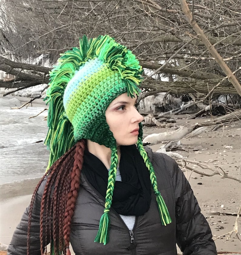 Green Mohawk Earflap Hat Ombre Tones Extreme Long Faux Hair Gradient Color Trapper Unisex Handmade Christmas Gift Statement Adult image 3