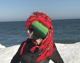Christmas Hat Green and Red Ombre Mohawk Hat Extreme Style boyfriend gift Warm Winter Trapper Girlfriend Present