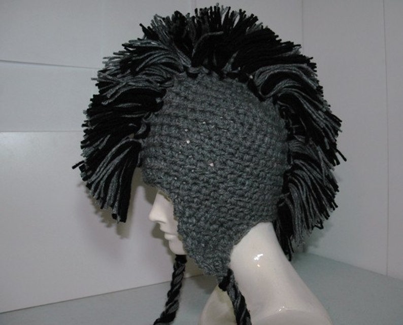 Grey Earflap Hat with Black Mohawk