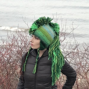 Green Mohawk Earflap Hat Ombre Tones Extreme Long Faux Hair Gradient Color Trapper Unisex Handmade Christmas Gift Statement Adult image 4