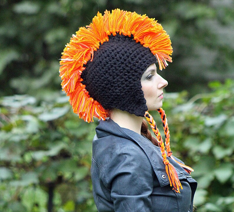 Black and Orange Mohawk Earflap Hat One of a Kind Crochet Handmade Boyfriend Gift image 2