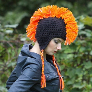Black and Orange Mohawk Earflap Hat One of a Kind Crochet Handmade Boyfriend Gift image 5