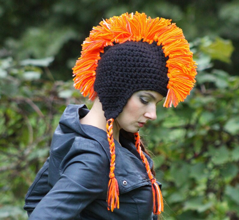 Black and Orange Mohawk Earflap Hat One of a Kind Crochet Handmade Boyfriend Gift image 5