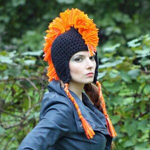 Black and Orange Mohawk Earflap Hat One of a Kind Crochet Handmade Boyfriend Gift image 3