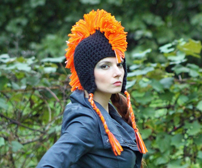 Black and Orange Mohawk Earflap Hat One of a Kind Crochet Handmade Boyfriend Gift image 3