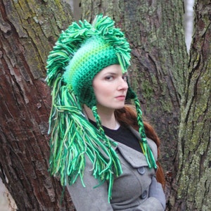 Green Mohawk Earflap Hat Ombre Tones Extreme Long Faux Hair Gradient Color Trapper Unisex Handmade Christmas Gift Statement Adult image 7