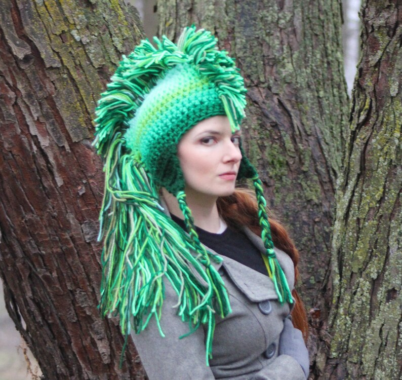 Green Mohawk Earflap Hat Ombre Tones Extreme Long Faux Hair Gradient Color Trapper Unisex Handmade Christmas Gift Statement Adult image 7