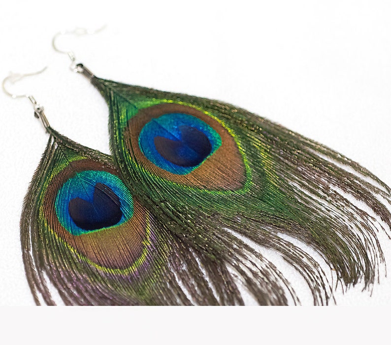 Natural Peacock Feather Earrings Long Flowing Boho Chic Hippie Gift Idea image 4