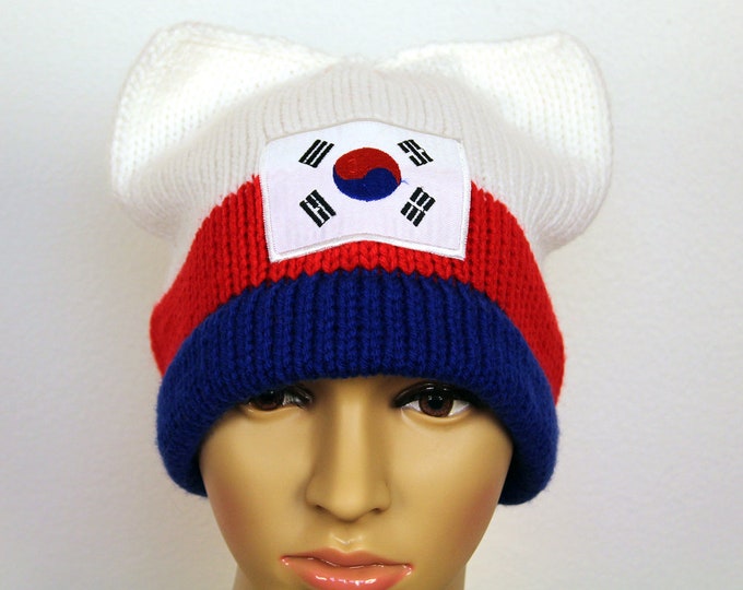 South Korea Flag Pussy Hat! Cat Kitten Ear Hat Gift Women's Rights March on Washington Protest Resist Trump Anti War White Red Green Toque