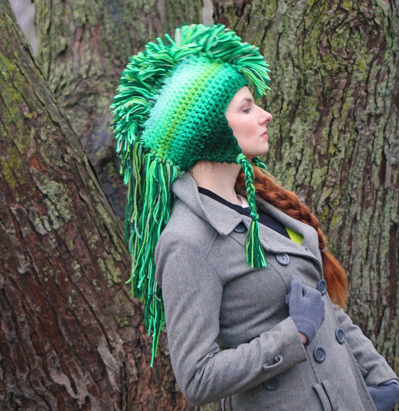 Green Mohawk Earflap Hat Ombre Tones Extreme Long Faux Hair Gradient Color Trapper Unisex Handmade Christmas Gift Statement Adult image 6