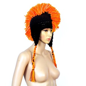 Black and Orange Mohawk Earflap Hat One of a Kind Crochet Handmade Boyfriend Gift image 7