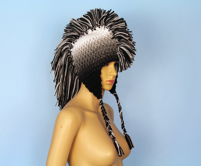 White to Black Ombre Fade Earflap Mohawk Hat image 2