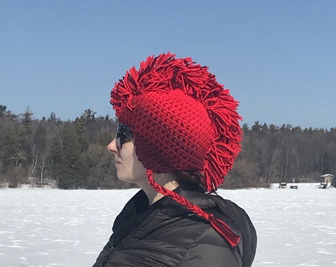 Red Fade Ombre Mohawk EarFlap Hat Boyfriend Gift Handmade Christmas Gift