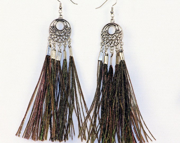 Celtic Circle Peacock Feather Drop Dangle Statement Earrings Handmade  Gift Ready to Ship