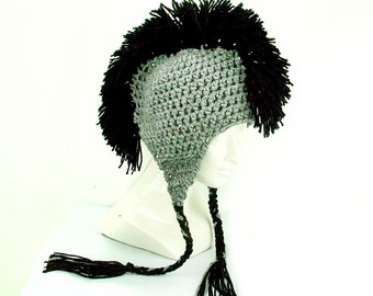 Grey Earflap Hat with Black Mohawk