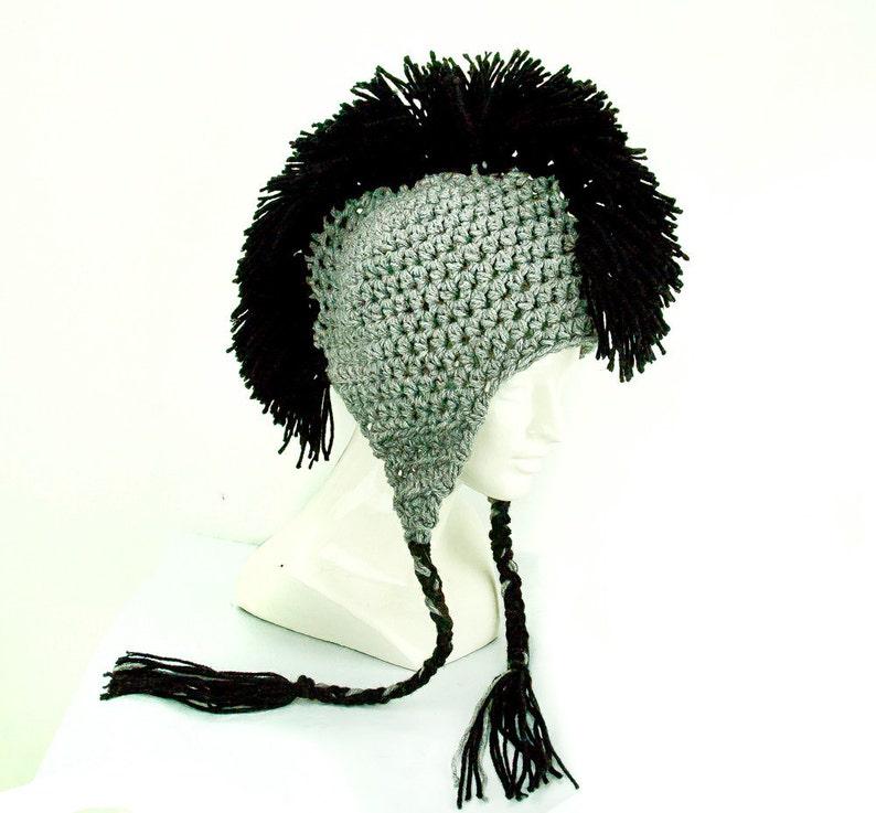 Grey Earflap Hat with Black Mohawk