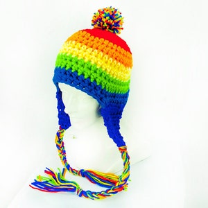 Striped PomPom Rainbow  Earflap Hat