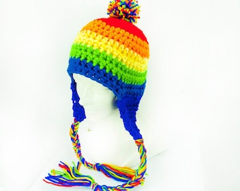 Striped PomPom Rainbow  Earflap Hat