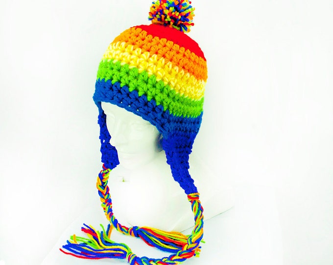 Striped PomPom Rainbow  Earflap Hat