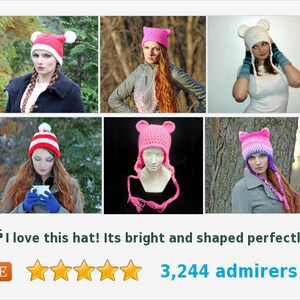 May include: A collection of ten colorful crocheted hats with various designs, including animal ears, stripes, and a rainbow. The hats are worn by different people in a collage of images. "I love this hat! Its bright and shaped perfectly!" and "3,244 admirers" are displayed below the images.