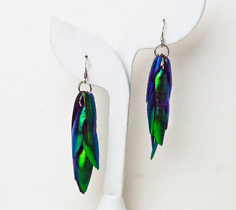 Green Beetle Wing Earrings Medium Length Best friend or Girlfriend Gift for Her Statement Jewelry Insect Nature Natural Theme image 3