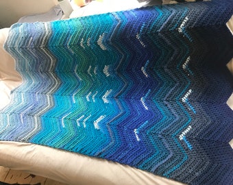 Blue Wave Chevron Knit Throw Twin Size Blanket Ombre Gradient Knit Crochet Handmade Gift for the Sofa Her Him Home Decor