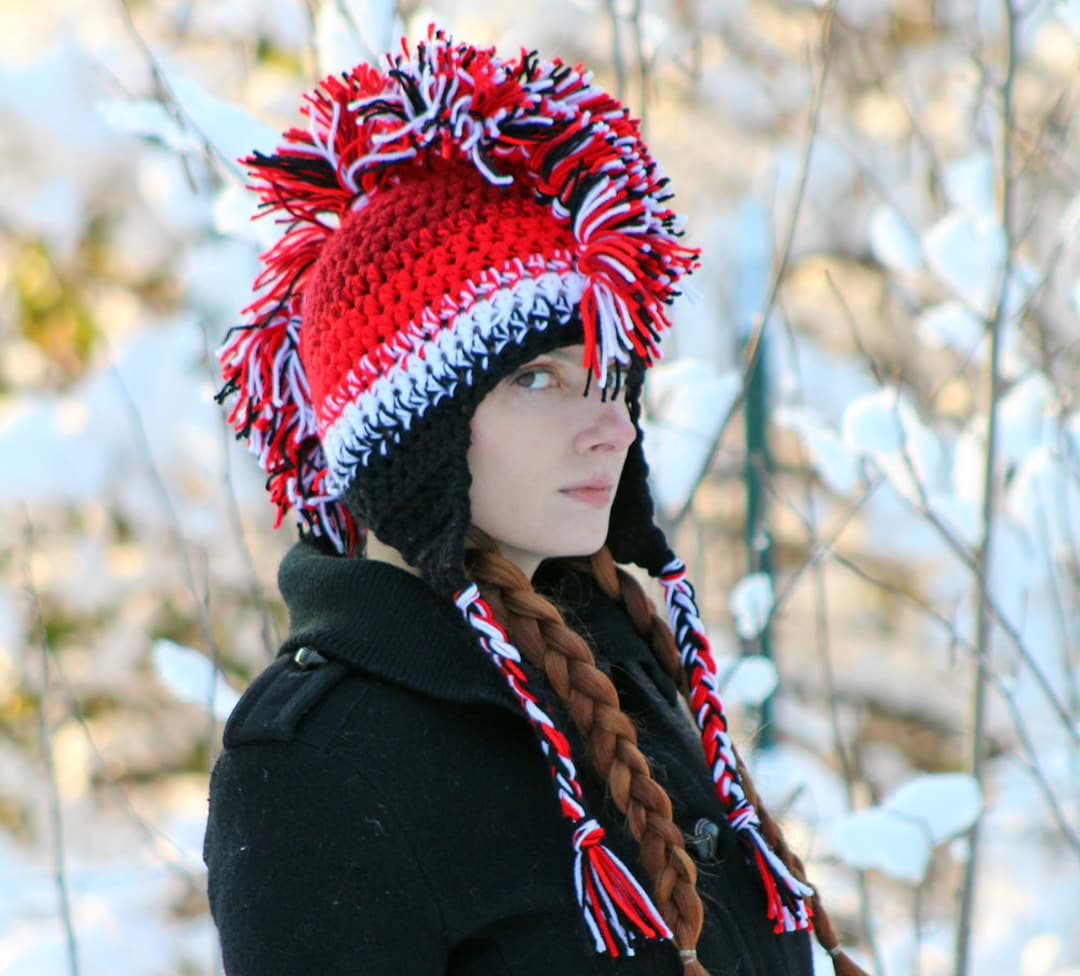 Earflap Hat Mohawk Winter Hat Handmade Crochet Mohawk Hat: Red