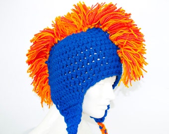 Blue and Orange Mohawk Earflap Hat Chicago Bears Colors Handmade Gift