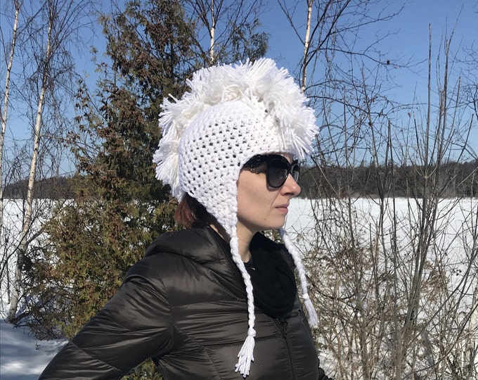 White Mohawk Ear Flap Hat Handmade Crochet Christmas Gift Ready to ship