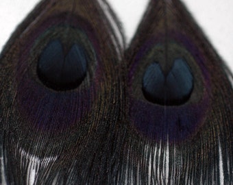 Black Peacock Feather Earrings Boho Hippie Chic