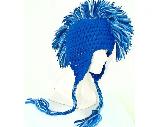 Blue Mohawk Ear Flap Hat Adult Size Boyfriend Gift