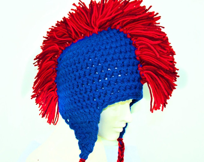 Red and Blue Mohawk Ear Flap Hat Chicago Cubs Colors World Series Champion