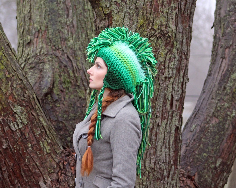 Green Mohawk Earflap Hat Ombre Tones Extreme Long Faux Hair Gradient Color Trapper Unisex Handmade Christmas Gift Statement Adult image 5