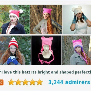 May include: A collection of ten colorful crocheted hats with various designs, including animal ears, stripes, and a rainbow. The hats are worn by different people in a variety of outdoor settings. "I love this hat! Its bright and shaped perfectly!"  3,244 admirers