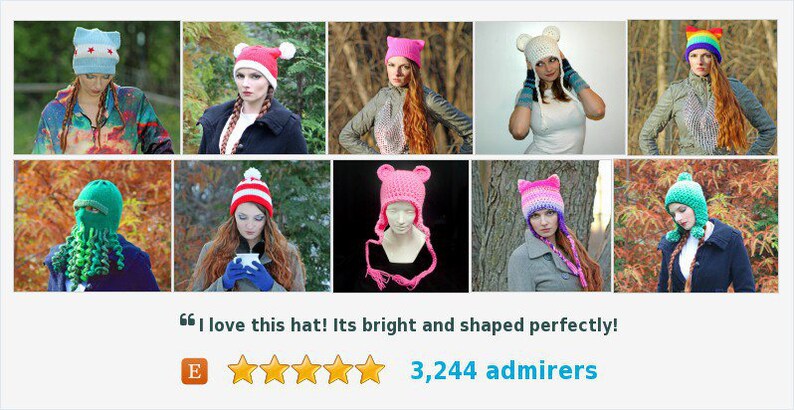 May include: A collection of ten colorful crocheted hats with various designs, including animal ears, stripes, and a rainbow. The hats are worn by different people in a variety of outdoor settings. "I love this hat! Its bright and shaped perfectly!"  3,244 admirers