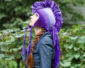 Purple Ombre Mohawk Earflap Hat Extreme Style Unique Handmade Beanie Skull Cap Christmas  Gift