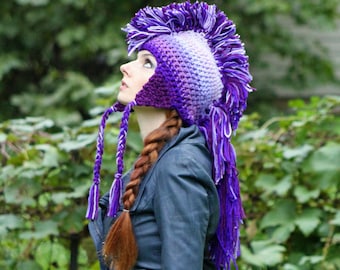 Purple Ombre Mohawk Earflap Hat Extreme Style Unique Handmade Beanie Skull Cap Christmas  Gift