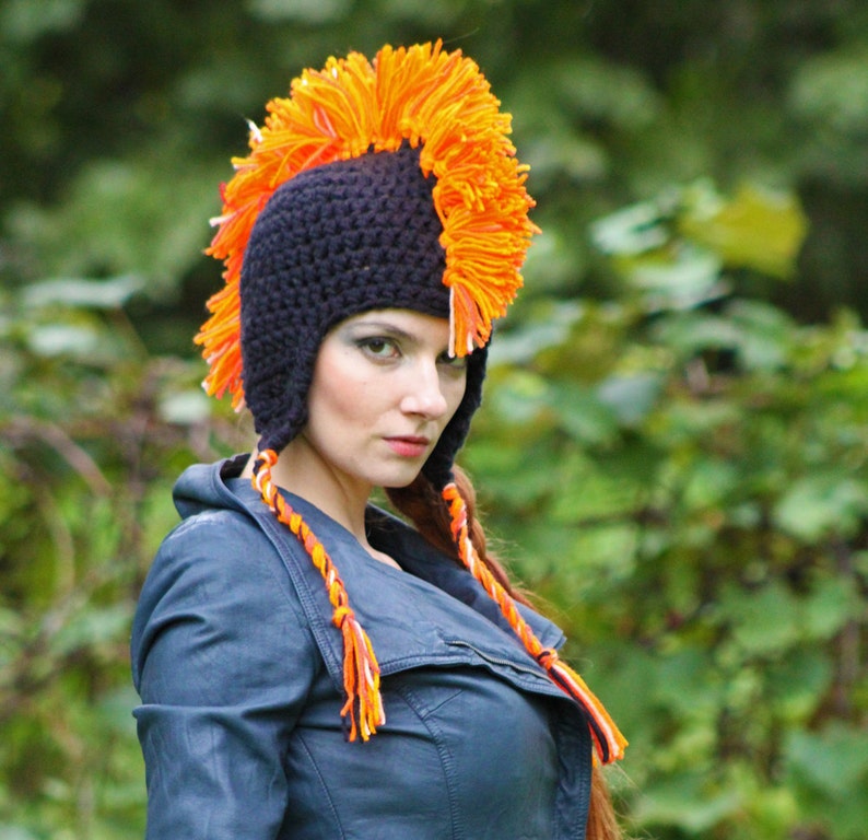 Black and Orange Mohawk Earflap Hat One of a Kind Crochet Handmade Boyfriend Gift image 4