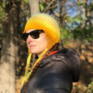 Yellow Ombre Fade Ear Flap Hat One of a kind Color Gradient Handmade Crochet Gift image 3