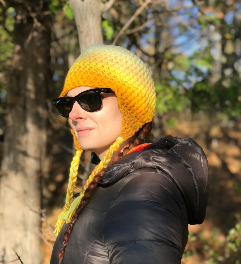 Yellow Ombre Fade Ear Flap Hat One of a kind Color Gradient Handmade Crochet Gift image 3