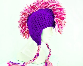 Girl's Purple EarFlap Hat With Hot Pink Mohawk