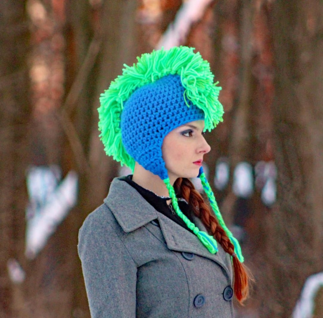 Crochet Mohawk Earflap Hat: Blue & Green Funky Winter Beanie - Etsy