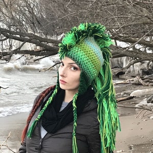 Green Mohawk Earflap Hat Ombre Tones Extreme Long Faux Hair Gradient Color Trapper Unisex Handmade Christmas Gift Statement Adult image 1