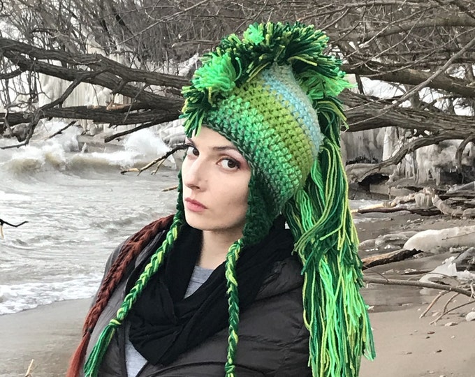 Green Mohawk  Earflap Hat Ombre Tones Extreme Long Faux Hair Gradient Color Trapper Unisex Handmade Christmas Gift  Statement Adult