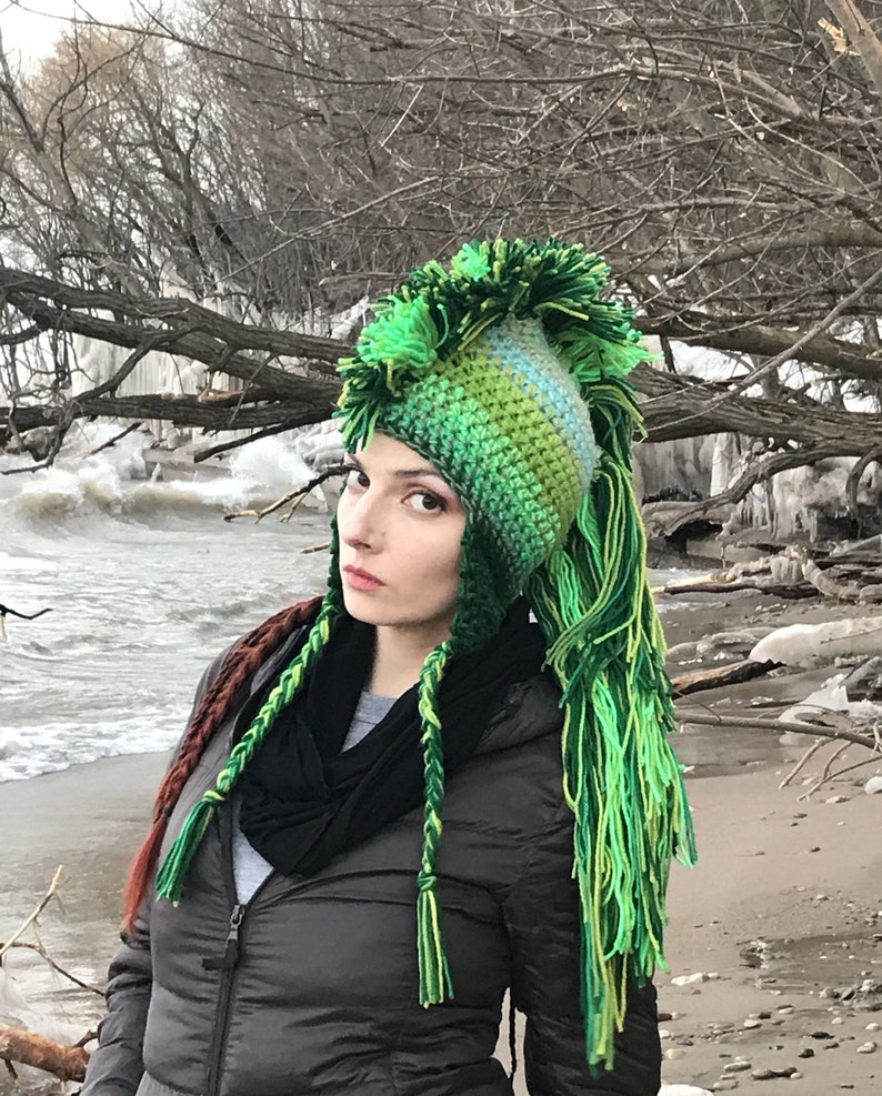 Green Mohawk Earflap Hat Ombre Tones Extreme Long Faux Hair Gradient Color Trapper Unisex Handmade Christmas Gift Statement Adult image 1