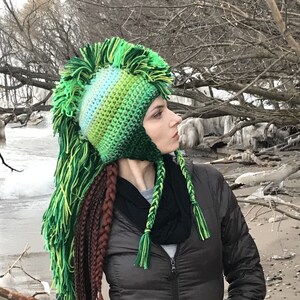 Green Mohawk Earflap Hat Ombre Tones Extreme Long Faux Hair Gradient Color Trapper Unisex Handmade Christmas Gift Statement Adult image 2