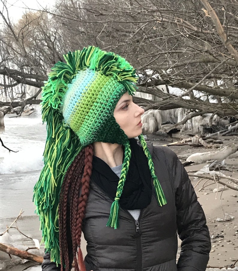 Green Mohawk Earflap Hat Ombre Tones Extreme Long Faux Hair Gradient Color Trapper Unisex Handmade Christmas Gift Statement Adult image 2