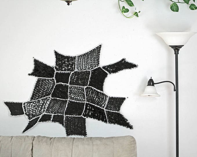 Modern Fiber Art Black White Yarn Tissage Mural Ombre Patch Asymmetrical Tapestry Wall Hanging Handmade Gift Interior Home Decor CrochetKnit